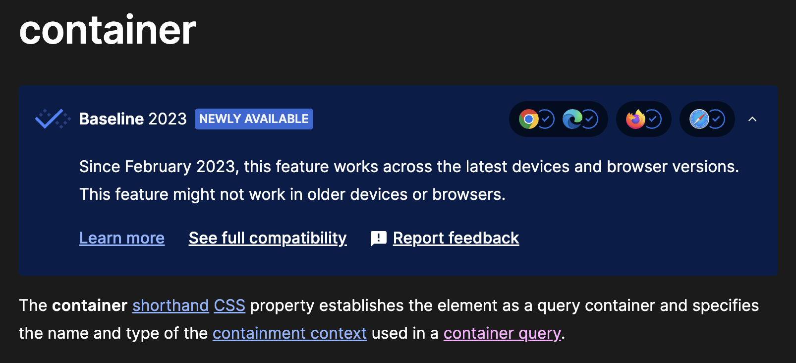 Screenshot from MDN Web Docs showing CSS container usage