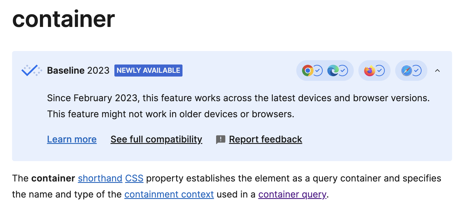 Screenshot from MDN Web Docs showing CSS container usage